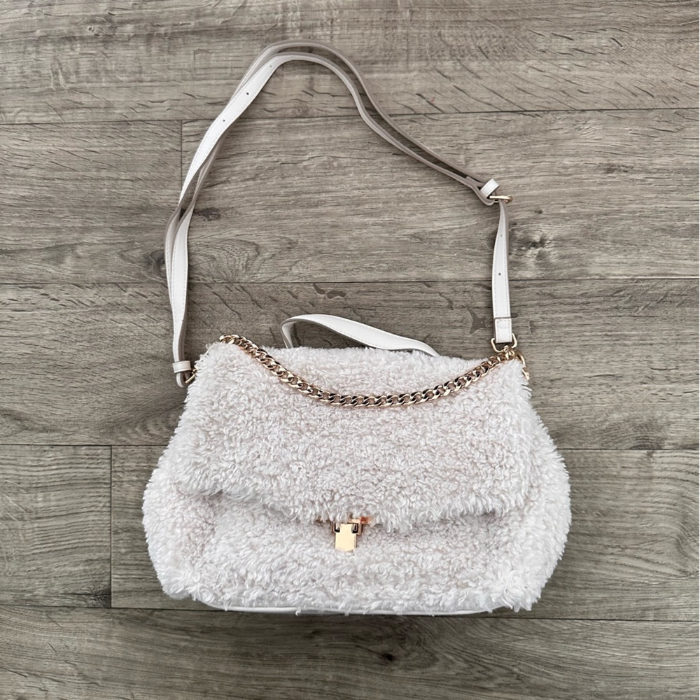 a new day White Faux Fur Shoulder Bag with Gold Chain